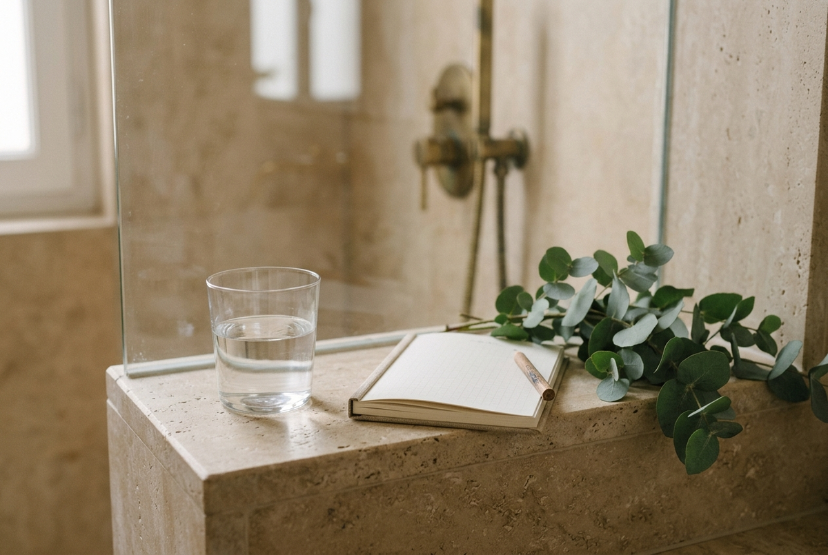 Verre d'eau, carnet et eucalyptus sur une tablette de douche en travertin