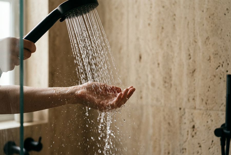 Main sous le jet d'un pommeau de douche noir dans une douche en travertin
