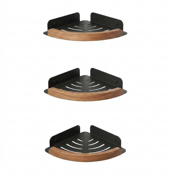 Étagère d'angle murale triangle bois et métal sur fond blanc