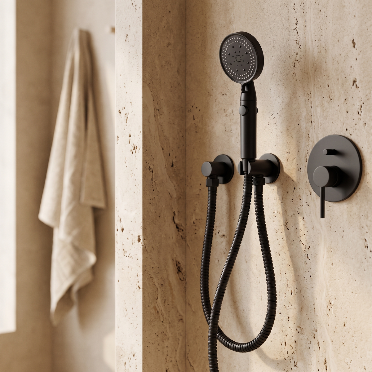 Flexible de douche inox noir mat installé avec pommeau noir dans une douche en travertin