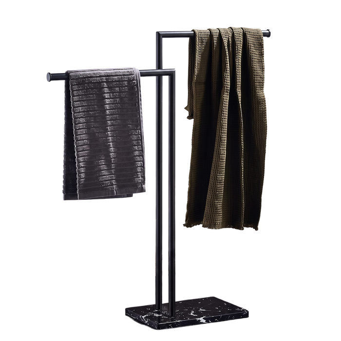 Porte-serviette sur pied marbre et inox noir fond blanc