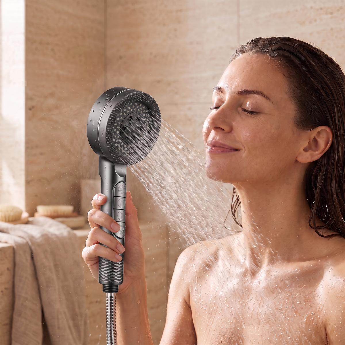 Femme sous la douche avec le pommeau haute pression 4 modes dans une salle de bain en travertin
