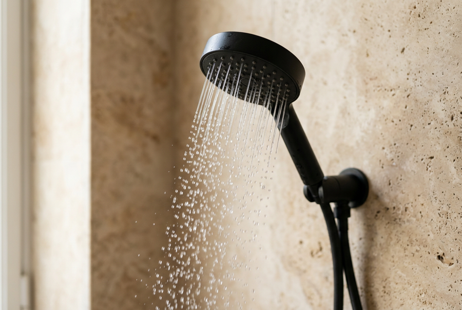 Jet d'eau d'un pommeau de douche noir dans une douche en travertin