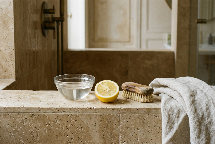 Bol de vinaigre blanc, citron et brosse sur un rebord de douche en travertin