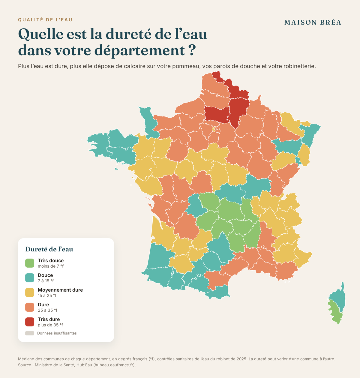 Carte de la dureté de l'eau du robinet en France par département