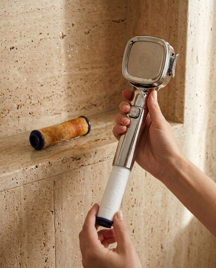 Mains glissant un coton filtrant neuf dans le manche ouvert d'un pommeau de douche filtrant, filtre usagé posé sur le rebord en travertin
