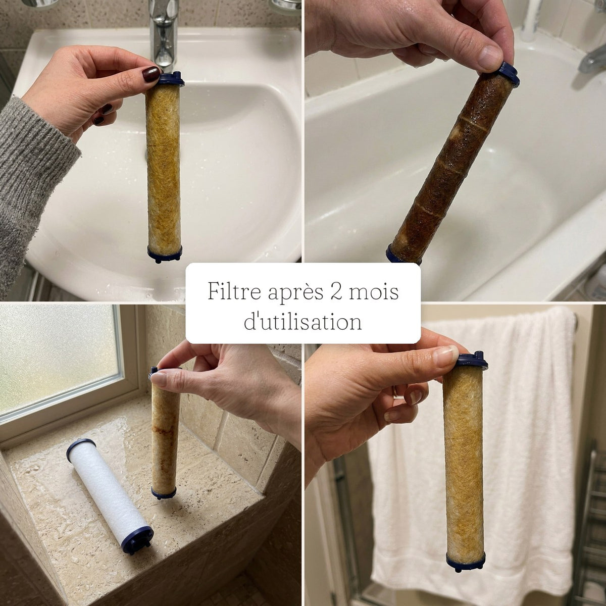 Illustration : quatre filtres de douche en coton tenus en main après 2 mois d'utilisation, teintés selon l'eau