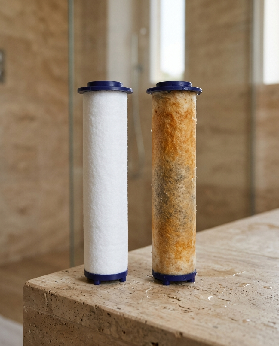 Illustration : filtre de douche neuf blanc à côté d'un filtre usagé teinté après environ 3 mois, dans une douche en travertin