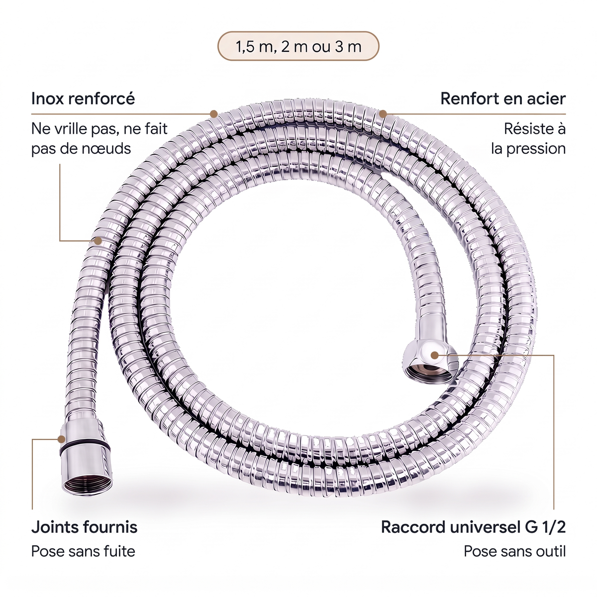 Caractéristiques du flexible de douche argent chromé 1,5 m, 2 m ou 3 m : inox renforcé anti-nœuds, renfort en acier, joints fournis, raccord universel G 1/2