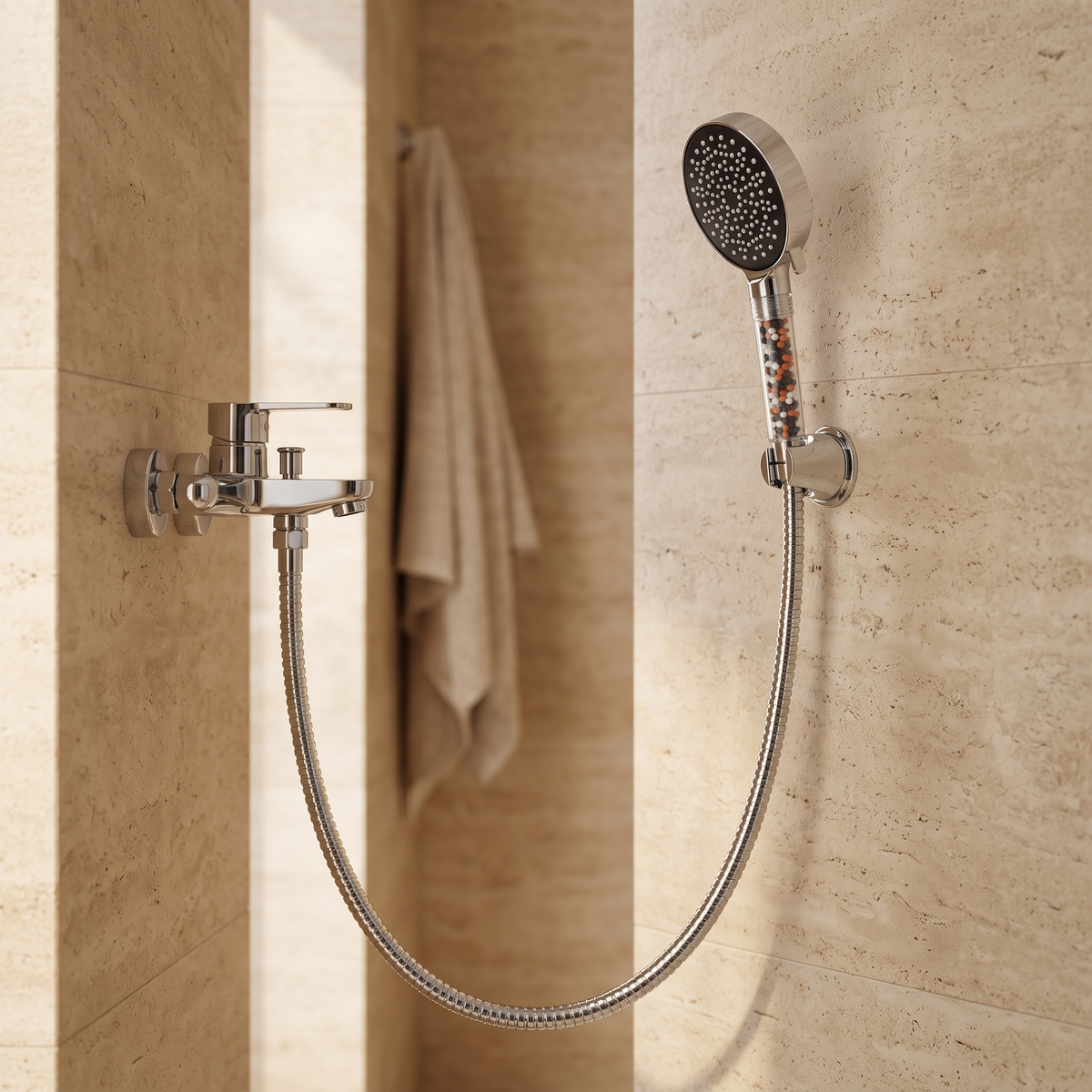 Flexible de douche inox chromé installé avec pommeau dans une douche en travertin