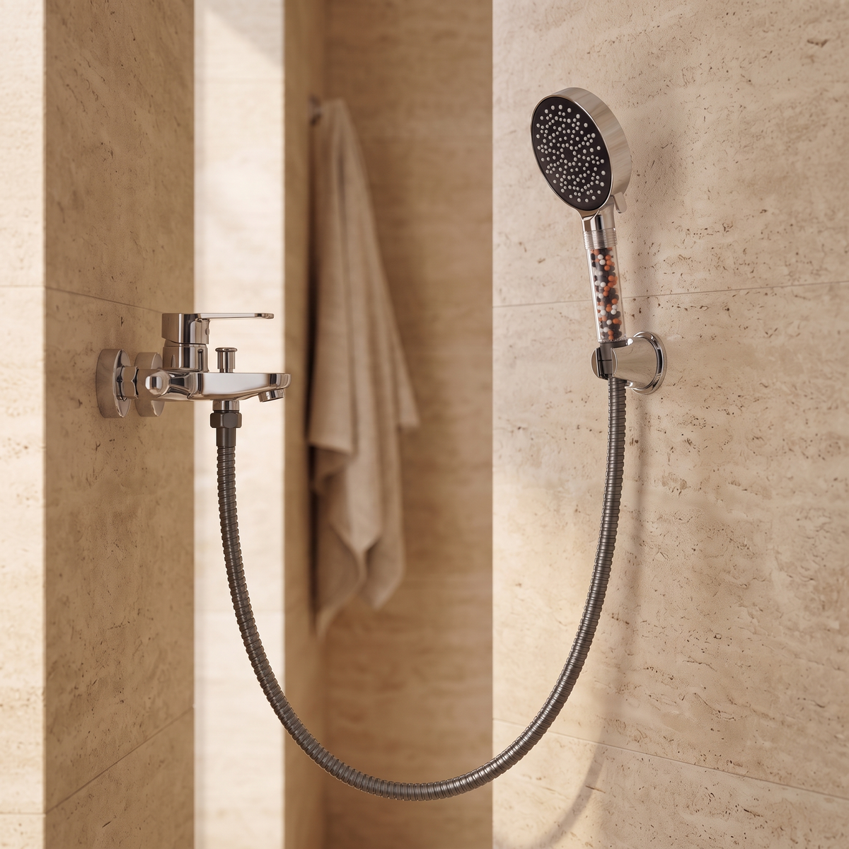 Flexible de douche gris anthracite installé dans une salle de bain en travertin