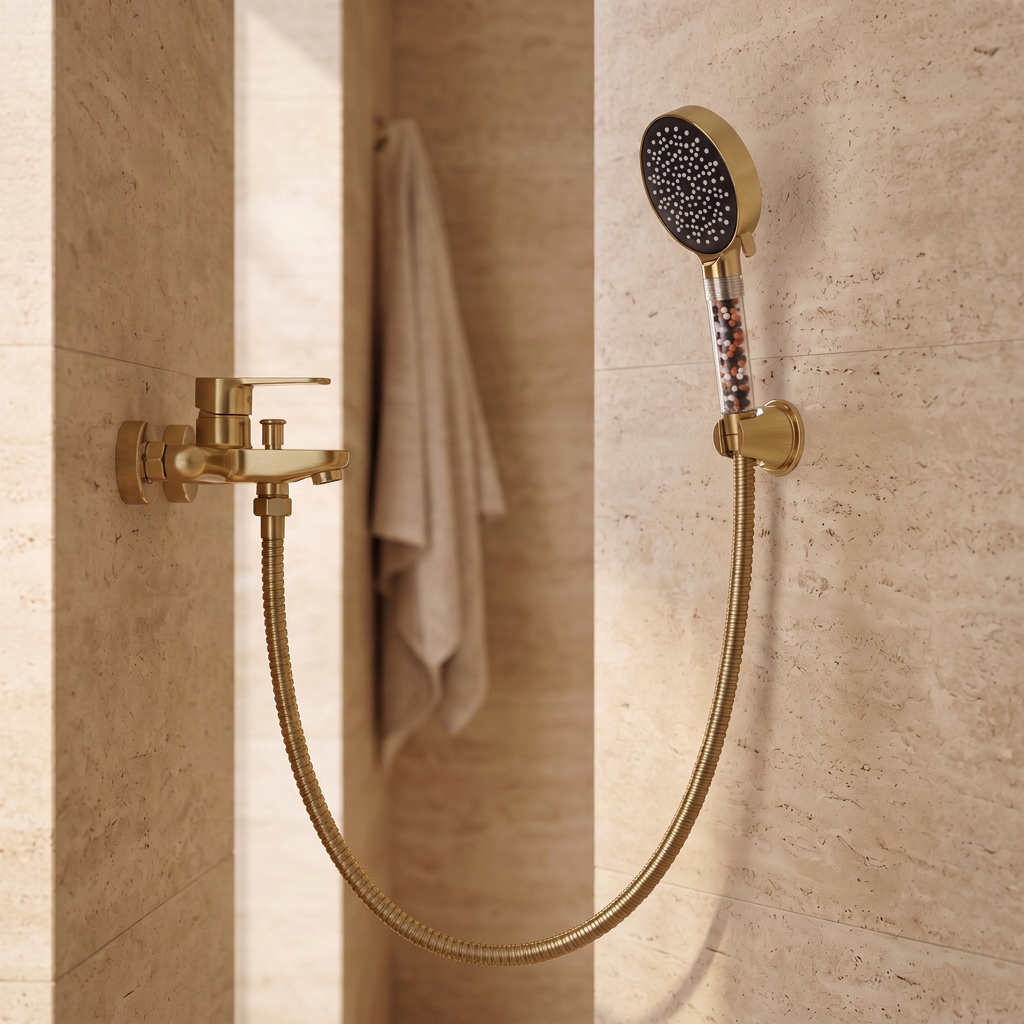 Flexible de douche or brossé installé dans une salle de bain en travertin