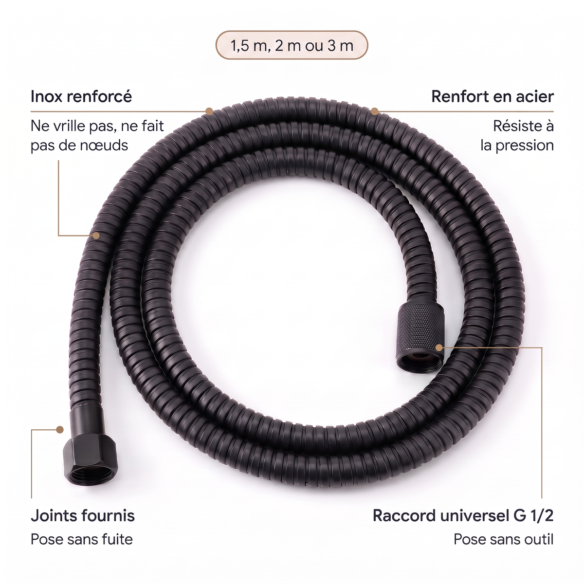 Caractéristiques du flexible de douche noir mat 1,5 m, 2 m ou 3 m : inox renforcé anti-nœuds, renfort en acier, joints fournis, raccord universel G 1/2