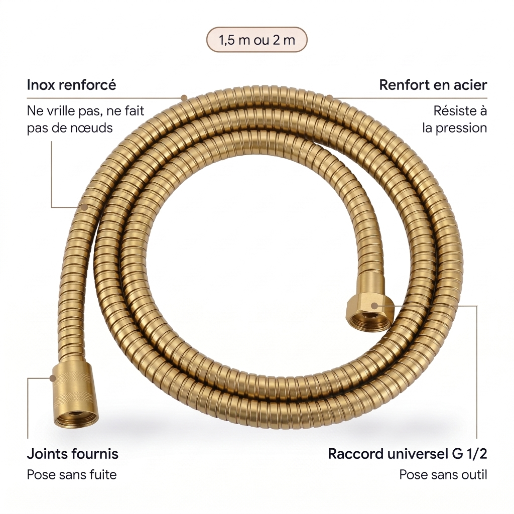 Caractéristiques du flexible de douche or brossé : inox renforcé anti-nœuds, renfort en acier, joints fournis, raccord universel G 1/2