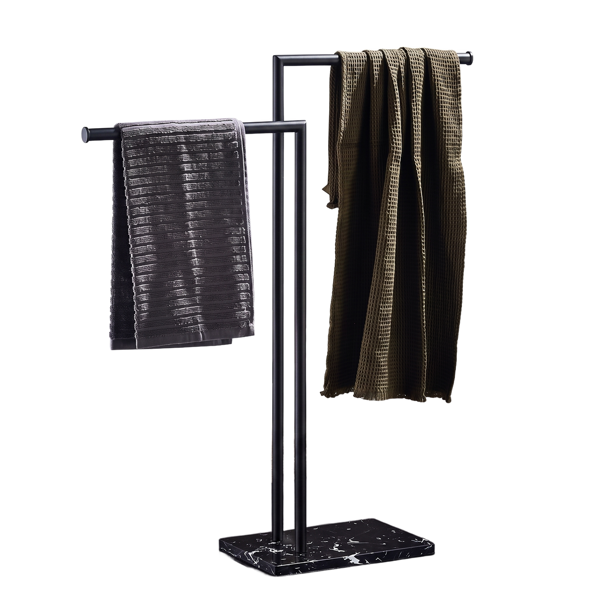 Porte-serviette sur pied marbre et inox noir fond blanc