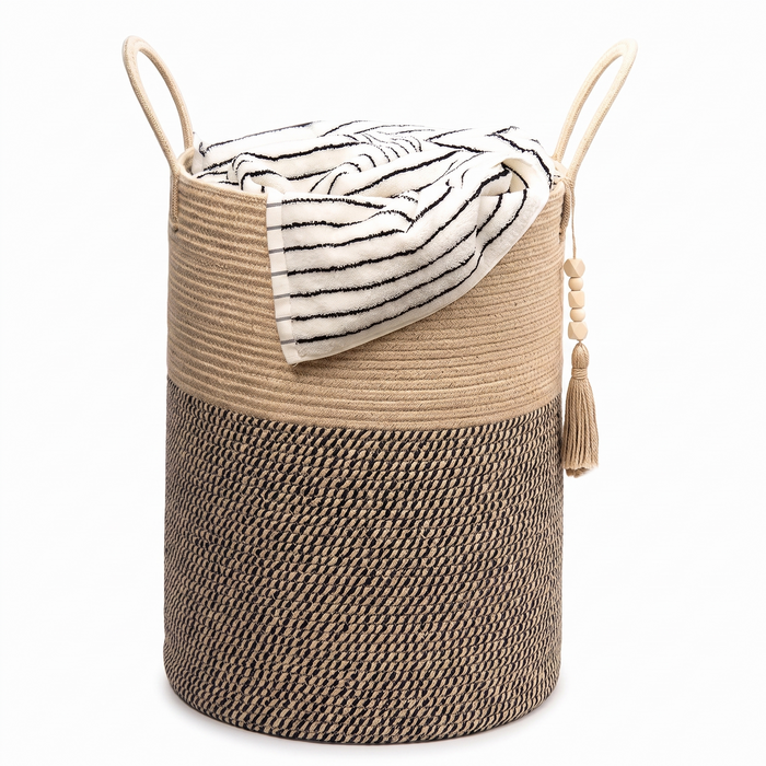 Panier à linge corde coton marron-noir fond blanc