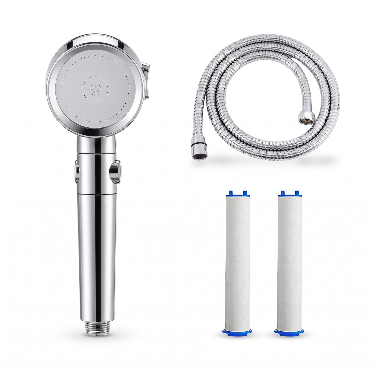 Kit pommeau de douche filtrant 3 jets chromé avec flexible inox 1,5 m et 2 filtres de rechange