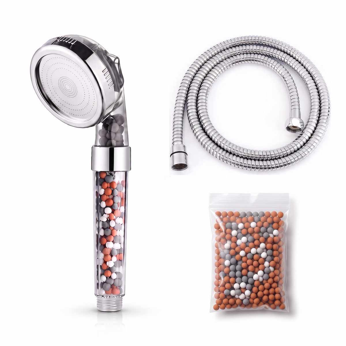 Kit pommeau de douche 3 jets billes minérales, flexible 1,5 m et 1 recharge de 55 g de billes mélangées, sur fond blanc