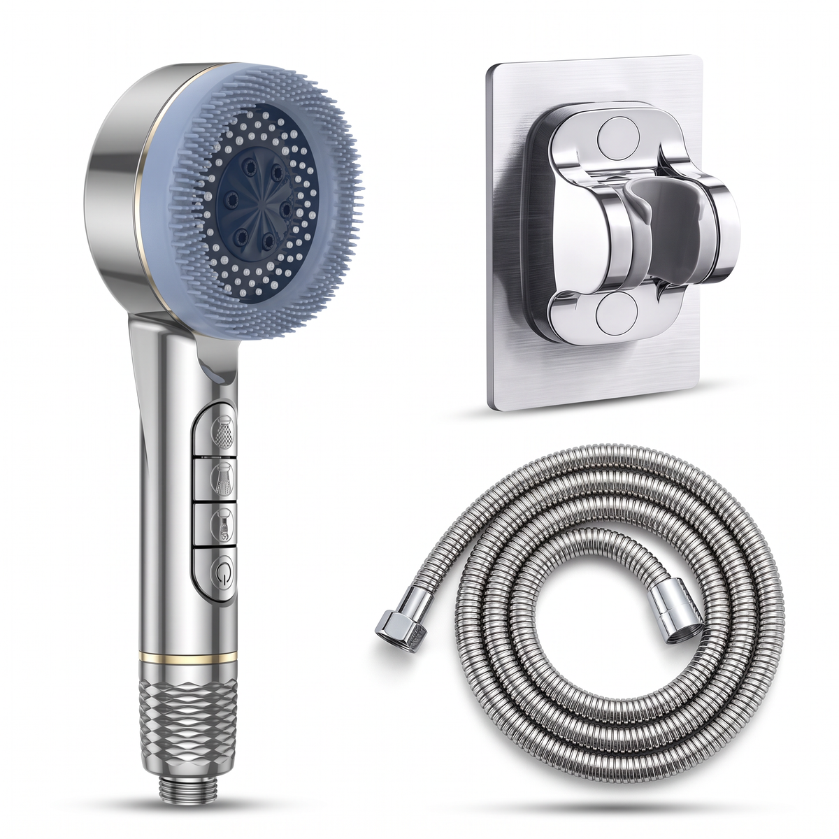 Kit complet pommeau de douche 4 modes argent : flexible inox et support mural adhésif chromé, sur fond blanc