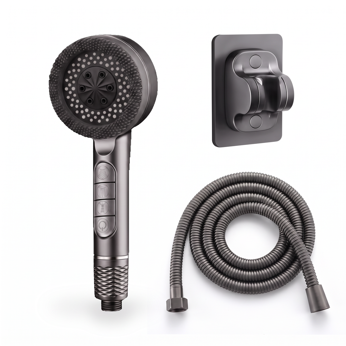Kit complet pommeau de douche 4 modes gris : flexible inox et support mural adhésif, sur fond blanc