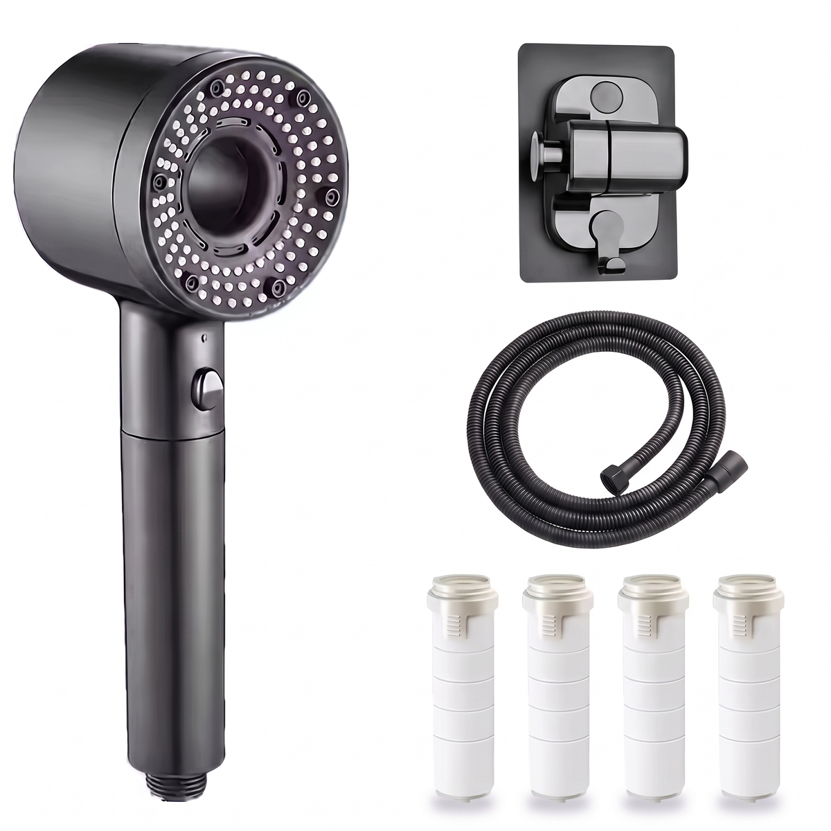 Kit complet pommeau de douche 5 jets turbo noir : flexible inox noir, support mural noir et 4 filtres de rechange, sur fond blanc
