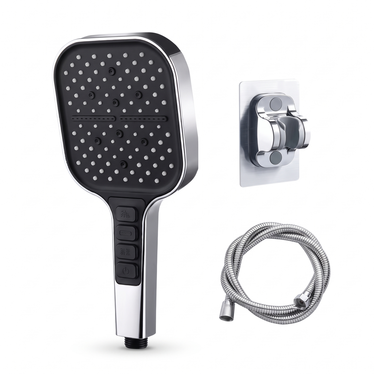 Kit complet pommeau de douche carré 7 jets argent avec flexible 1,5 m et support mural