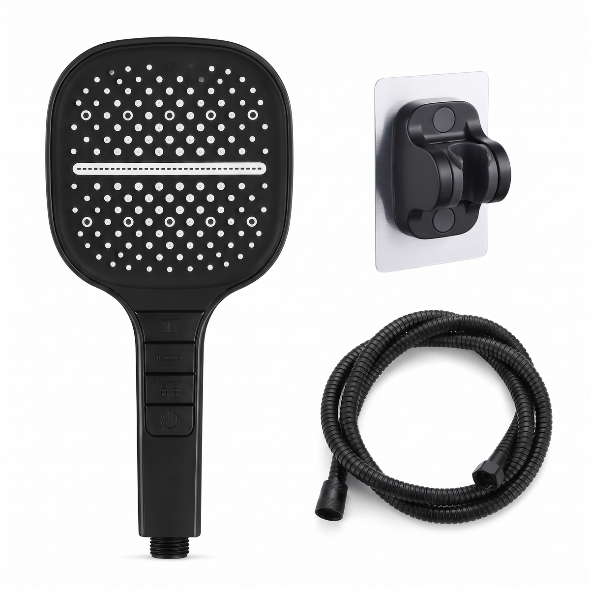 Kit complet pommeau de douche carré 7 jets noir avec flexible 1,5 m et support mural