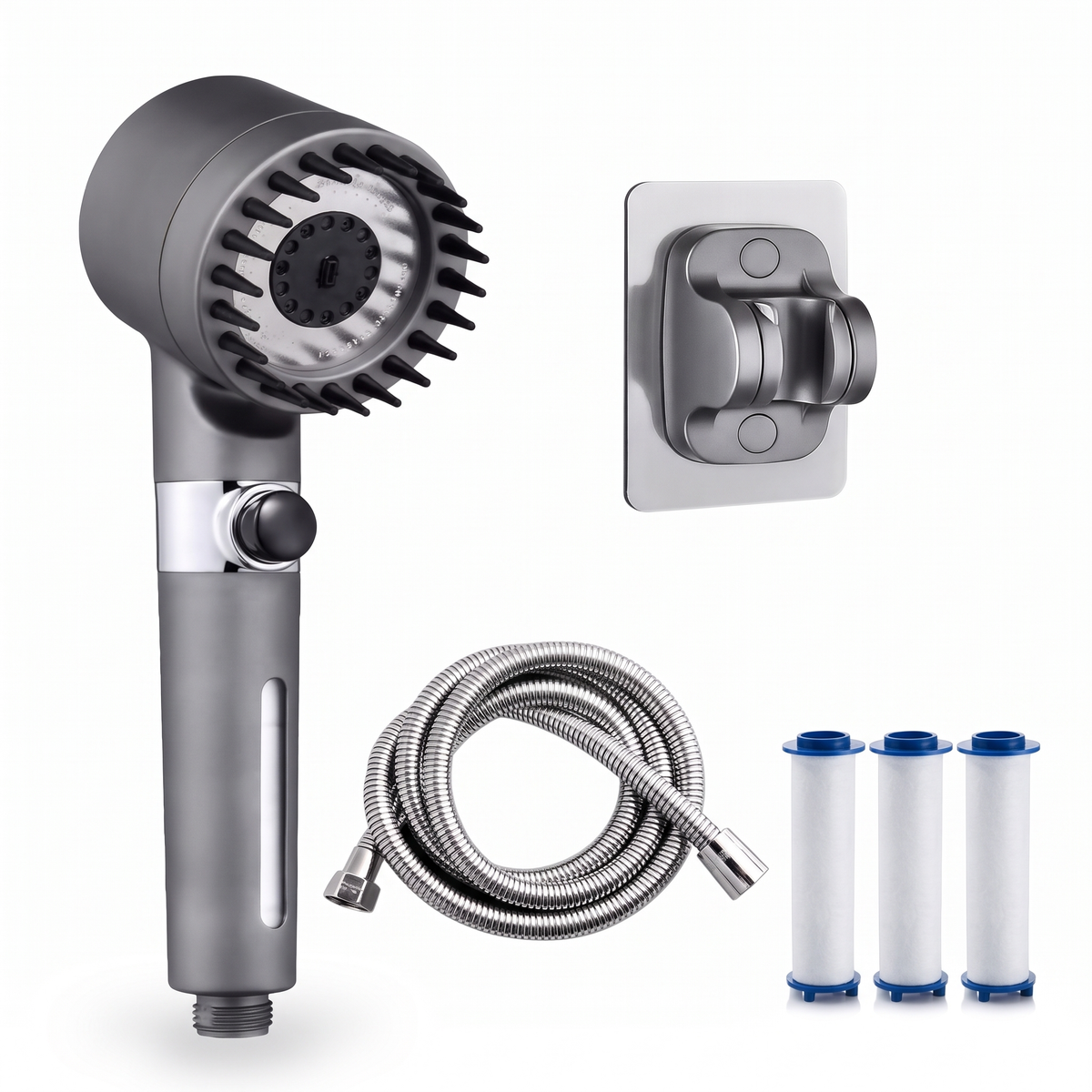 Kit complet pommeau de douche massant : flexible inox, support mural adhésif et 3 cartouches filtrantes, sur fond blanc