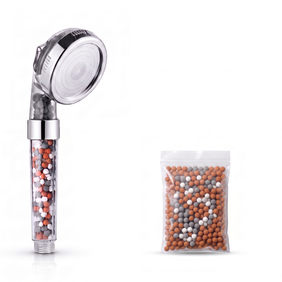 Pommeau de douche haute pression 3 jets billes minérales avec 1 recharge de 55 g de billes mélangées, sur fond blanc