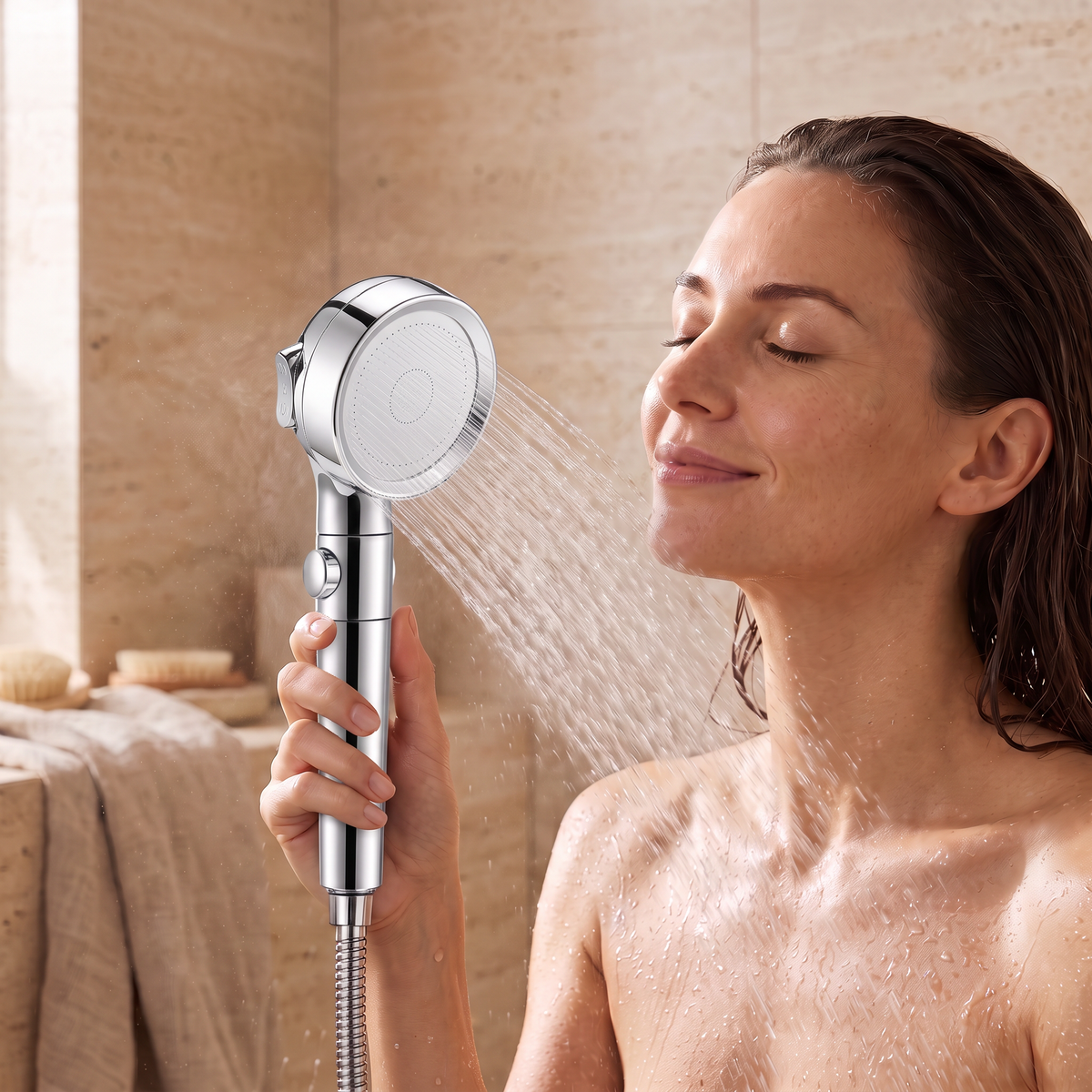 Femme sous la douche avec le pommeau filtrant 3 jets chromé dans une salle de bain en travertin