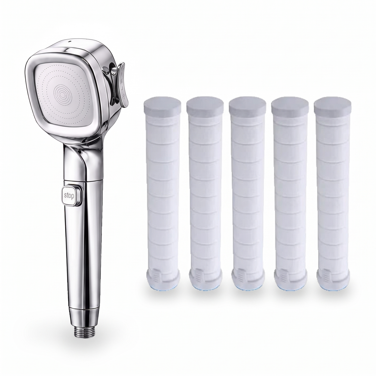 Pommeau de douche filtrant bouton stop 4 jets avec 5 cotons filtrants de rechange, sur fond blanc