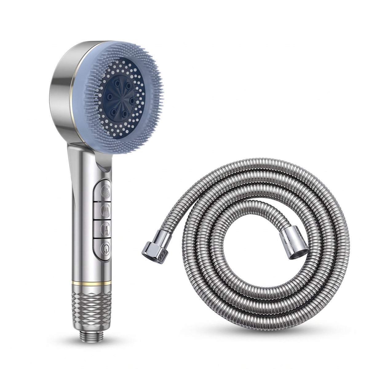 Pommeau de douche 4 modes argent avec flexible inox argent, sur fond blanc