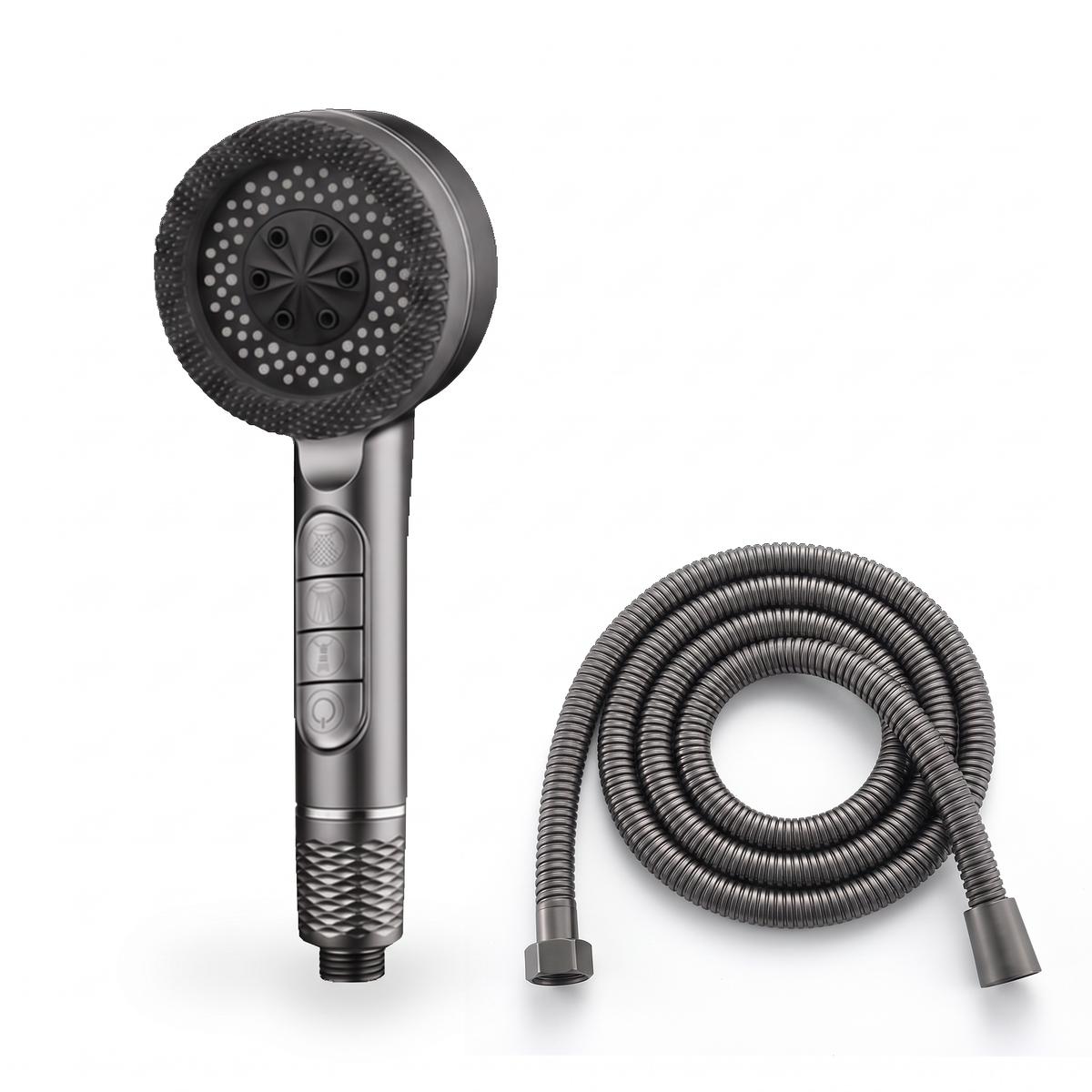 Pommeau de douche 4 modes gris avec flexible inox gris, sur fond blanc
