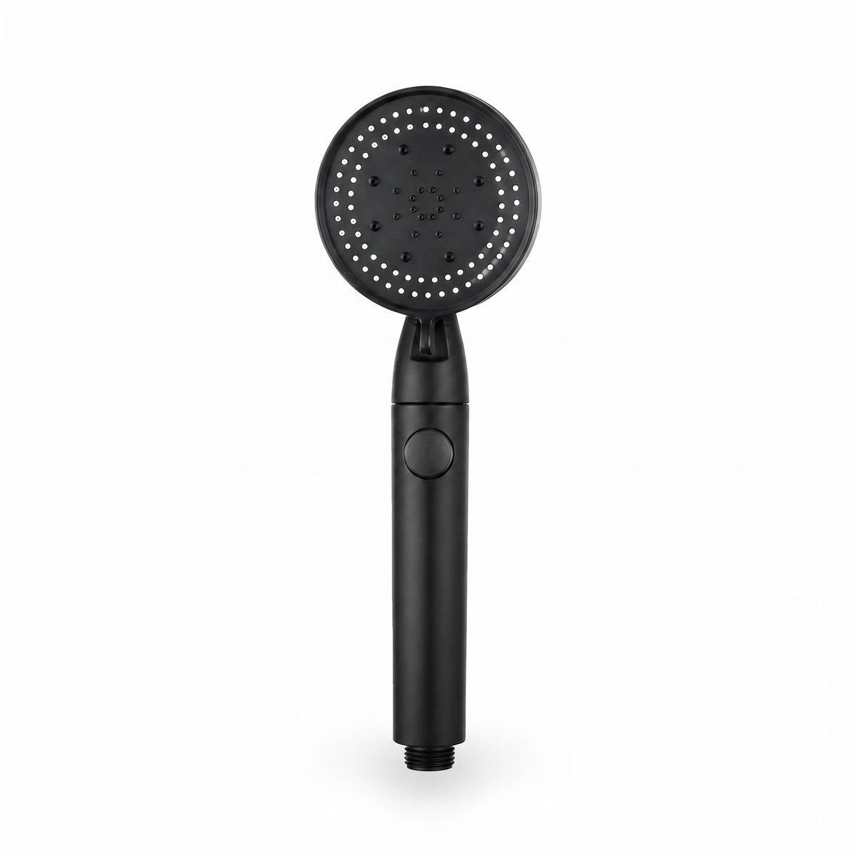 Pommeau de douche 5 jets noir mat avec bouton stop, sur fond blanc – Maison Bréa