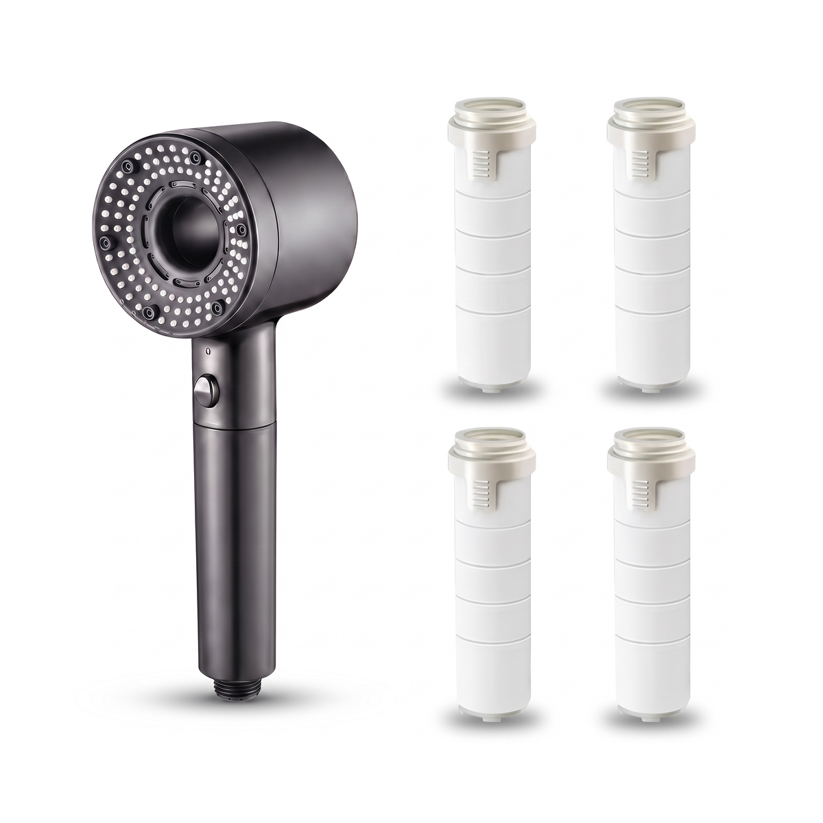 Pommeau de douche 5 jets turbo noir avec 4 filtres de rechange 9,7 cm, sur fond blanc