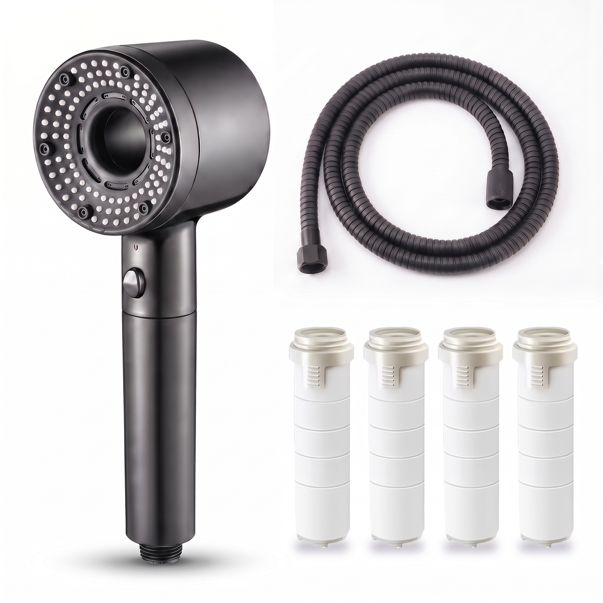 Pommeau de douche 5 jets turbo noir avec flexible inox noir et 4 filtres de rechange, sur fond blanc