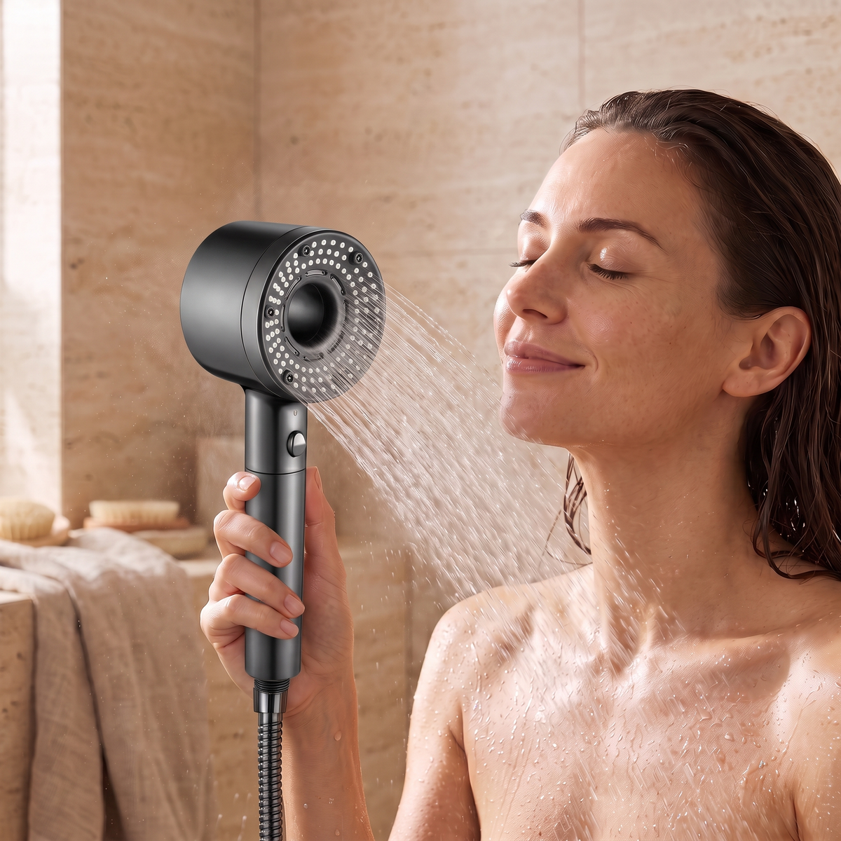 Femme sous la douche avec le pommeau filtrant 5 jets turbo noir dans une salle de bain en travertin