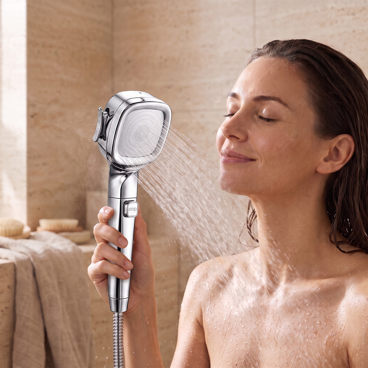 Femme sous la douche avec le pommeau filtrant bouton stop 4 jets dans une salle de bain en travertin