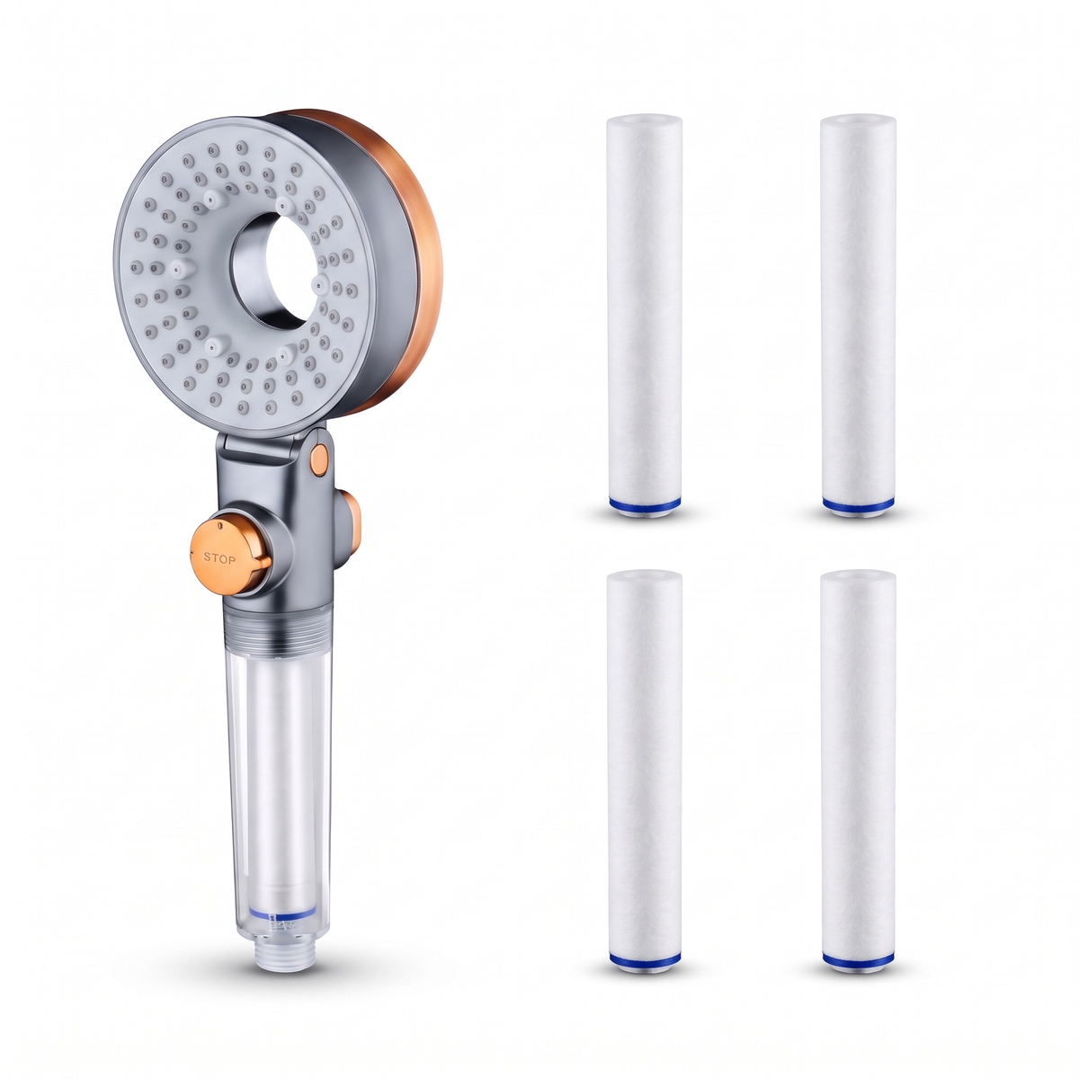 Pommeau de douche double face avec 4 filtres coton de rechange, sur fond blanc