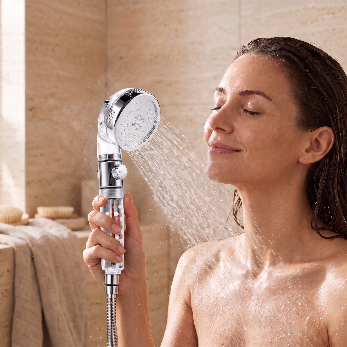 Femme sous la douche avec le pommeau économiseur d'eau 3 jets billes minérales dans une salle de bain en travertin
