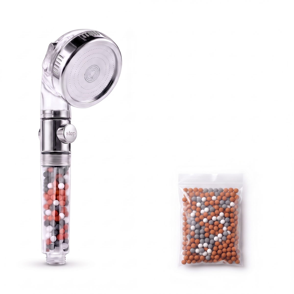 Pommeau de douche économiseur 3 jets avec bouton stop et 1 recharge de 55 g de billes mélangées, sur fond blanc