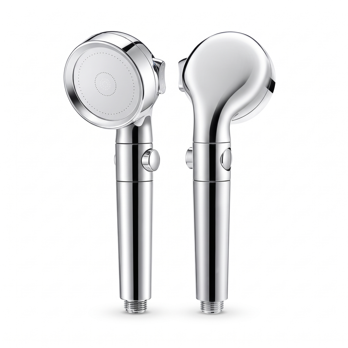 Pommeau de douche filtrant 3 jets bouton stop chromé, vue de face et de dos, sur fond blanc – Maison Bréa