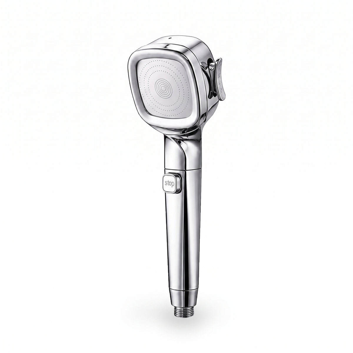 Pommeau de douche filtrant bouton stop 4 jets argent, sur fond blanc – Maison Bréa