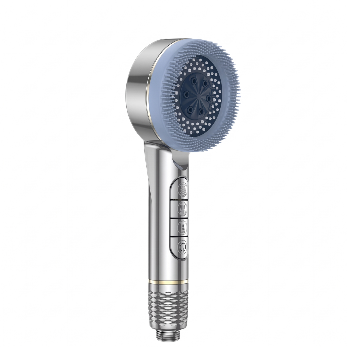 Pommeau de douche haute pression 4 modes bouton stop argent, sur fond blanc – Maison Bréa