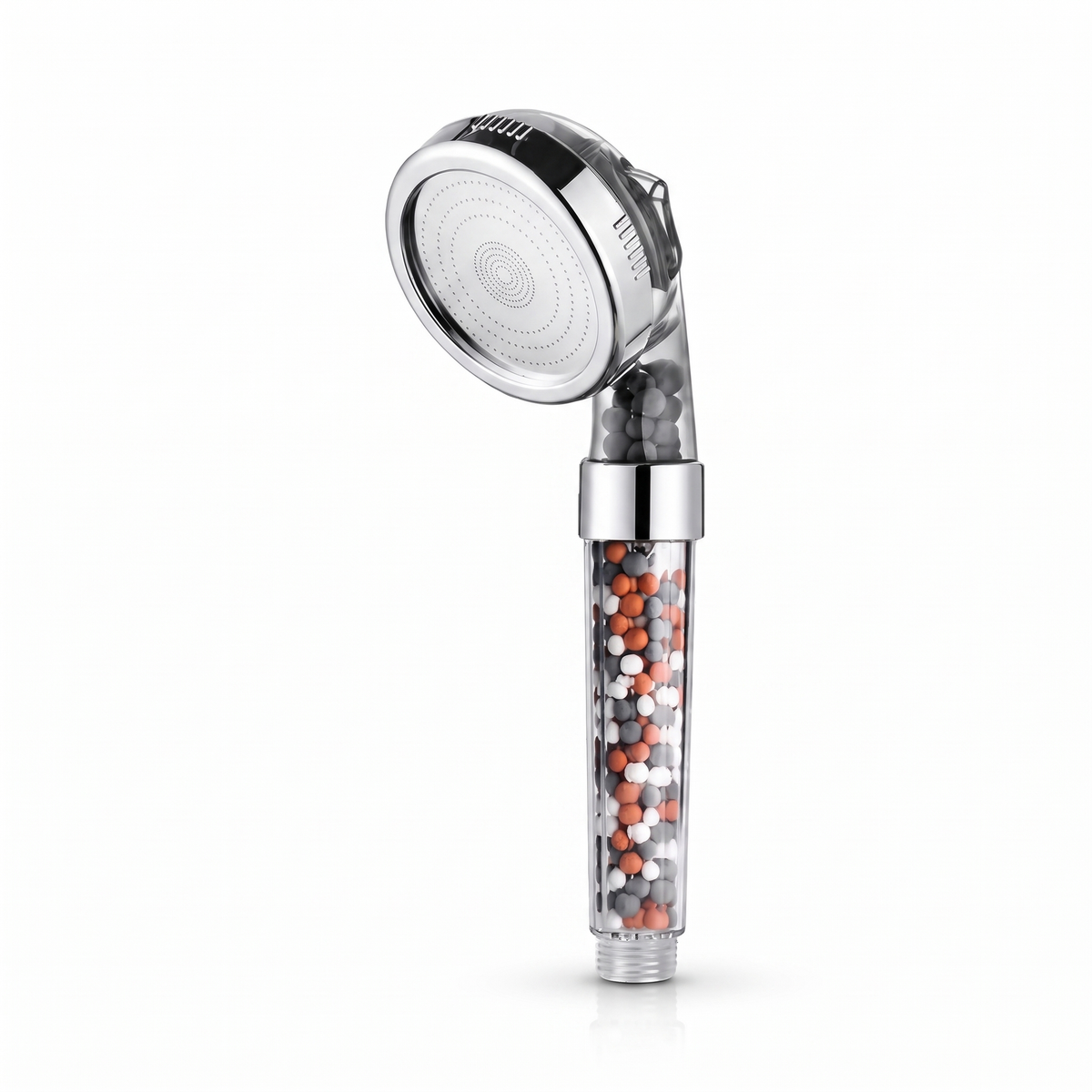 Pommeau de douche haute pression filtrant billes minérales 3 jets, manche transparent, sur fond blanc – Maison Bréa