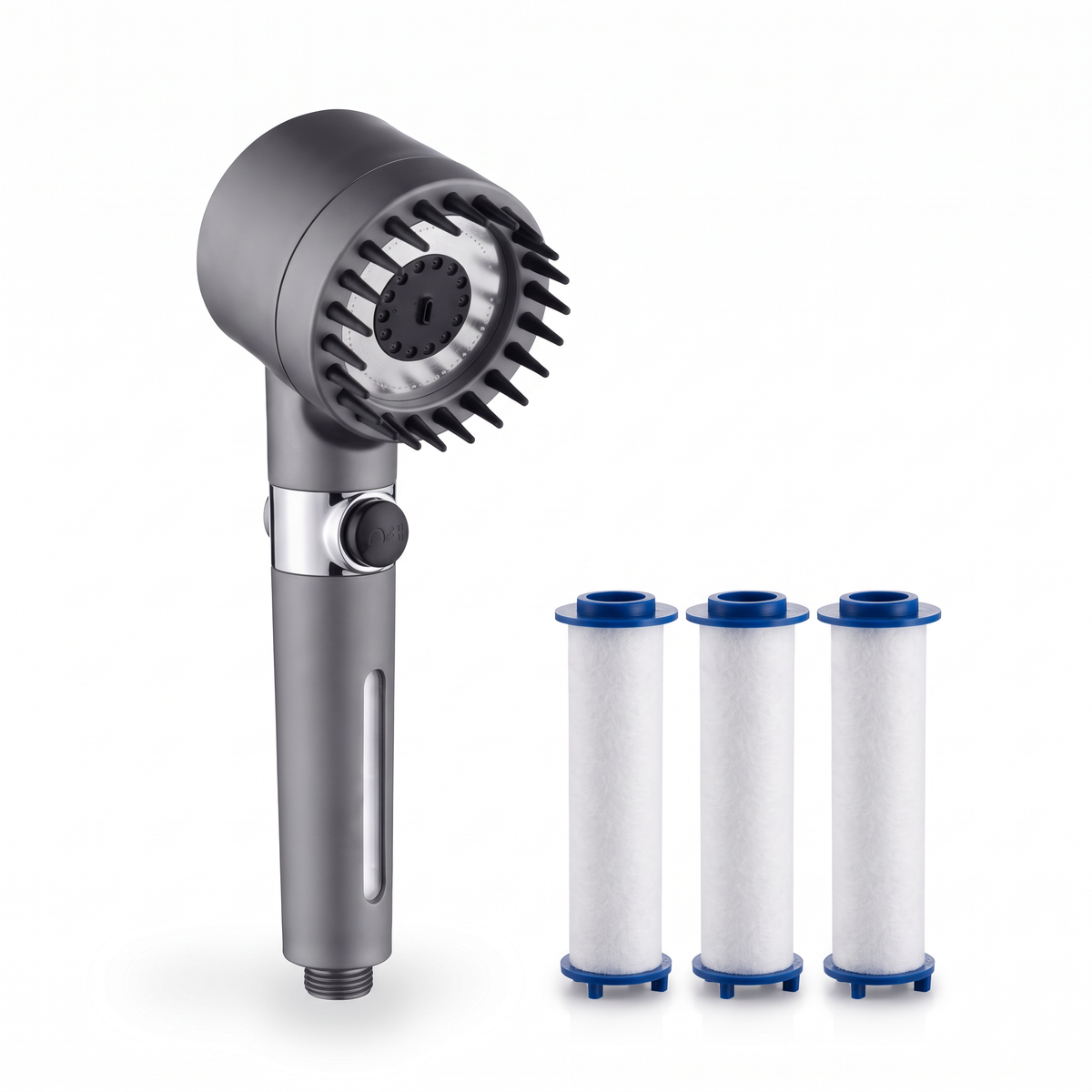 Pommeau de douche massant buses silicone avec 3 cartouches filtrantes en coton, sur fond blanc