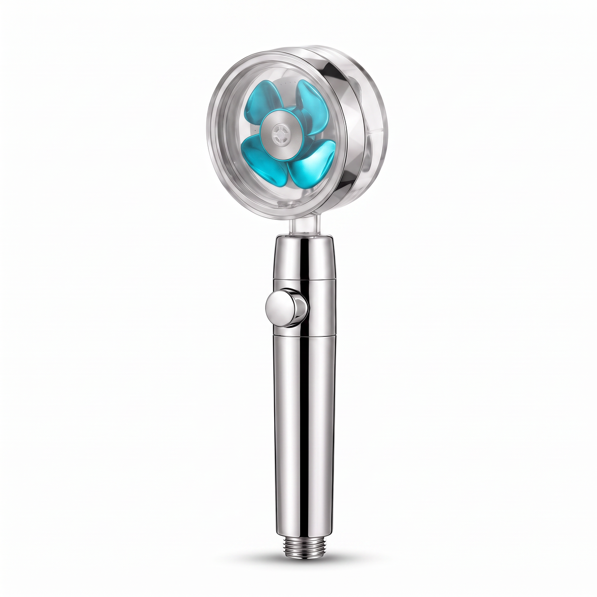 Pommeau de douche turbo à hélice 360° hélice bleue, avec bouton stop, sur fond blanc – Maison Bréa