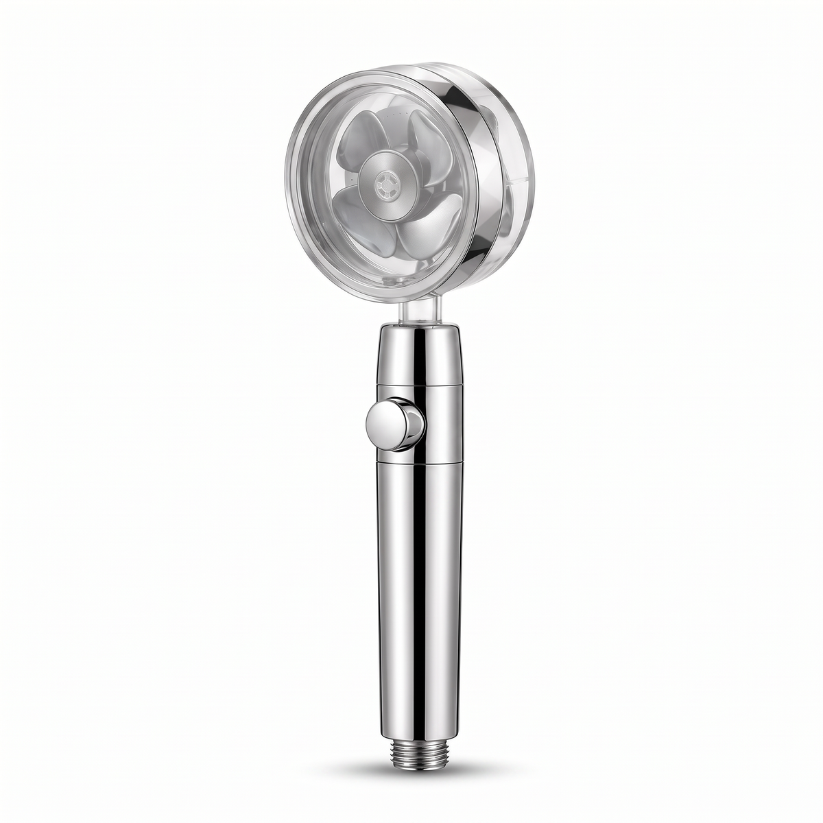 Pommeau de douche turbo à hélice 360° chromé avec bouton stop, sur fond blanc – Maison Bréa