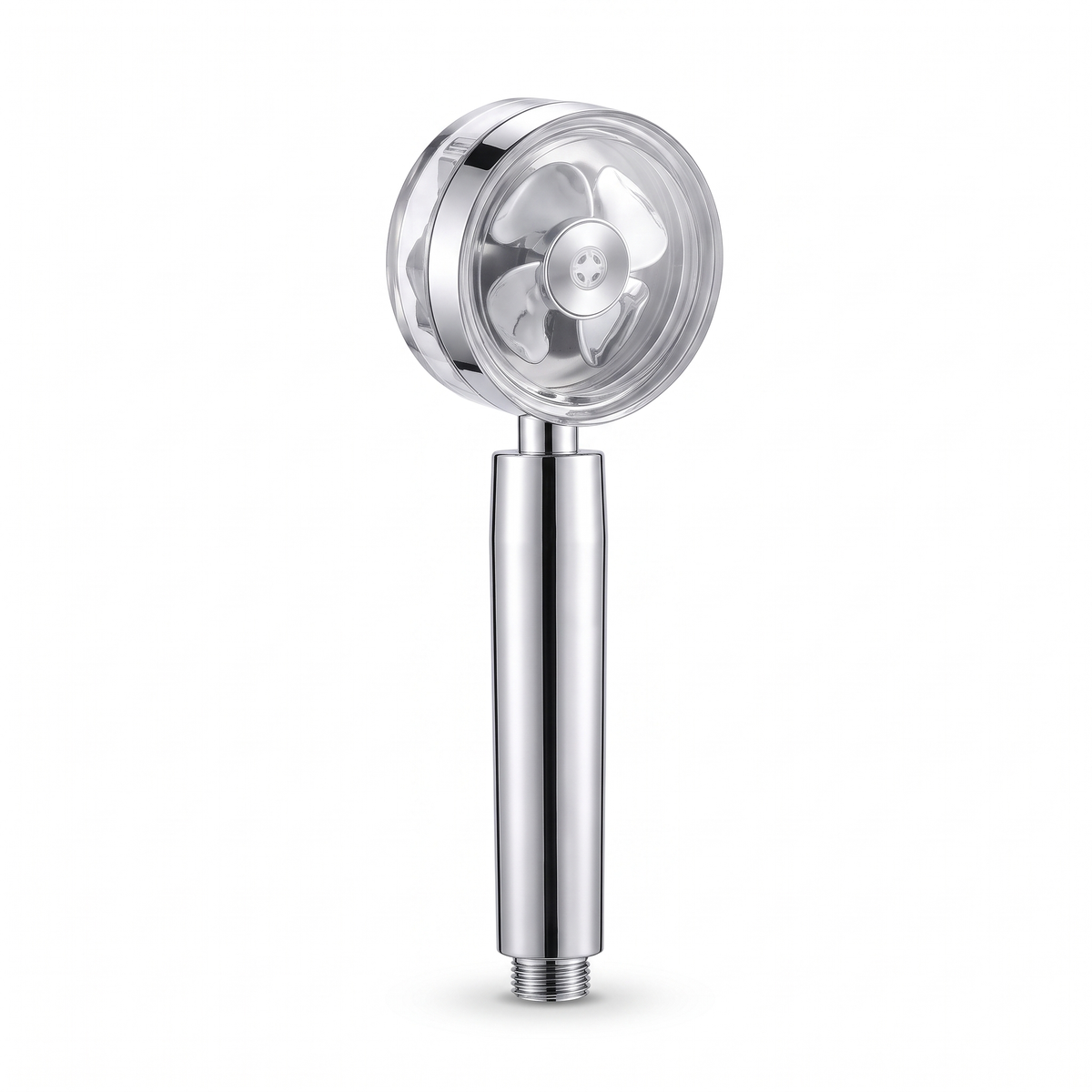 Pommeau de douche turbo à hélice 360° chromé sans bouton stop, sur fond blanc – Maison Bréa