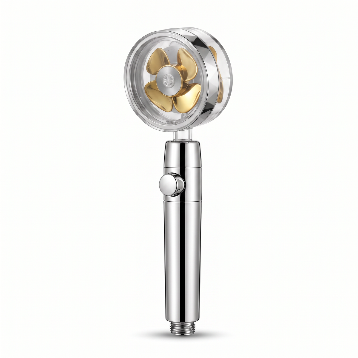 Pommeau de douche turbo à hélice 360° hélice dorée, avec bouton stop, sur fond blanc – Maison Bréa